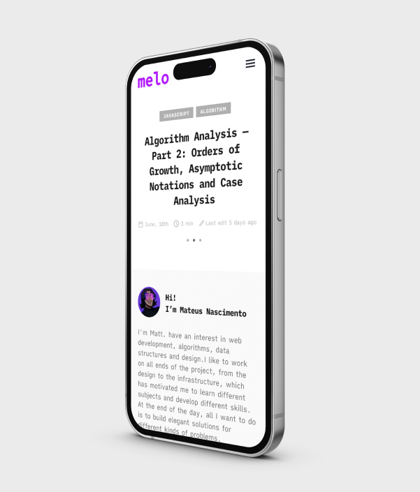 A página inicial do site melo.dev, aberto num iPhone 14, num fundo branco acizentado.