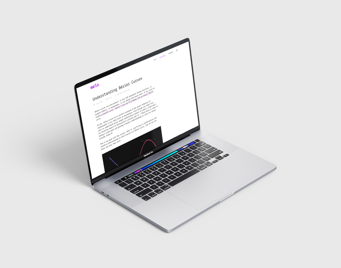 Um artigo do site Melo.dev, aberto em um MacBook Pro. A câmera está vendo a partir do canto superior esquerdo, em um fundo branco acinzentado.