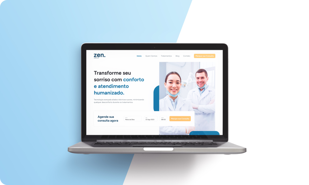 A primeira seção do website Zen. Vemos o texto chamativo da página, que chama o usuário a marcar uma consulta. Ao lado, dois dentistas sorriem. Abaixo, um componente visual que possibilita marcar consultas.